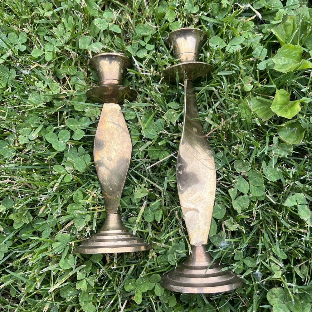 Brass Candlestick Candle Holders‎ Spiral Twisted MCM India Vtg Pair Offset